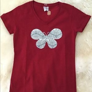 NWT BsunE original red small Vneck ss T-shirt with navy and white butterfly